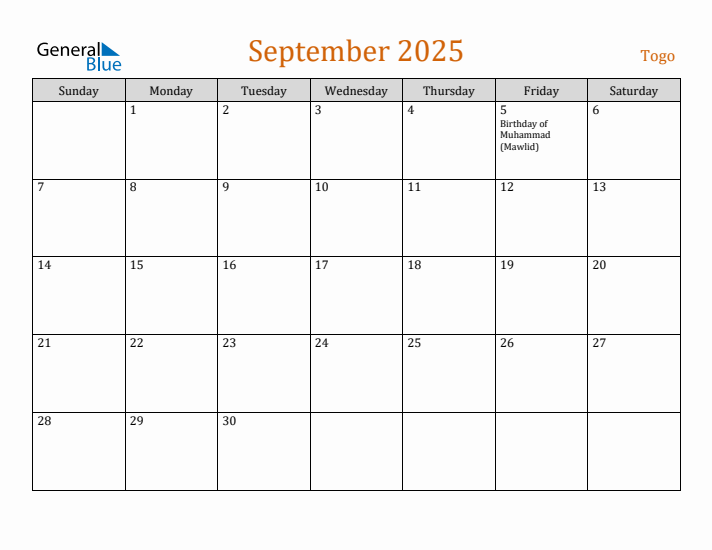 September 2025 Holiday Calendar with Sunday Start