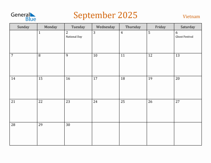 September 2025 Holiday Calendar with Sunday Start