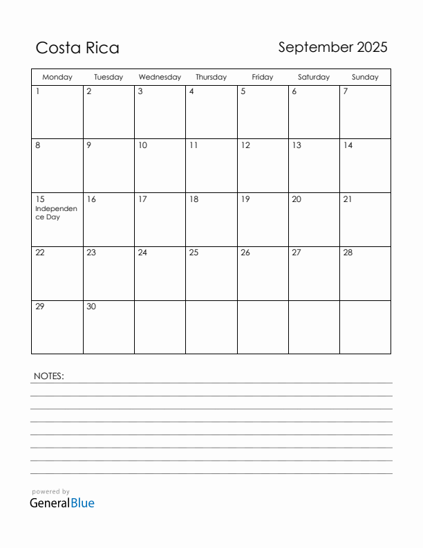 September 2025 Costa Rica Calendar with Holidays (Monday Start)