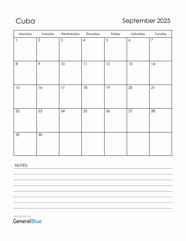 September 2025 Cuba Calendar with Holidays (Monday Start)