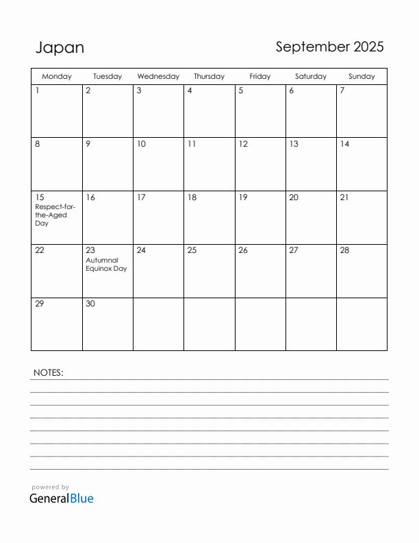 September 2025 Japan Calendar with Holidays (Monday Start)