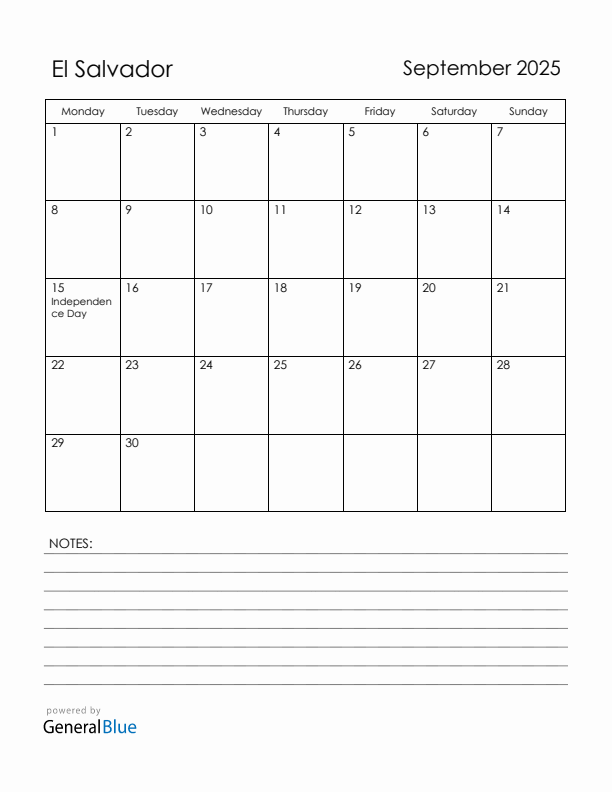 September 2025 El Salvador Calendar with Holidays (Monday Start)