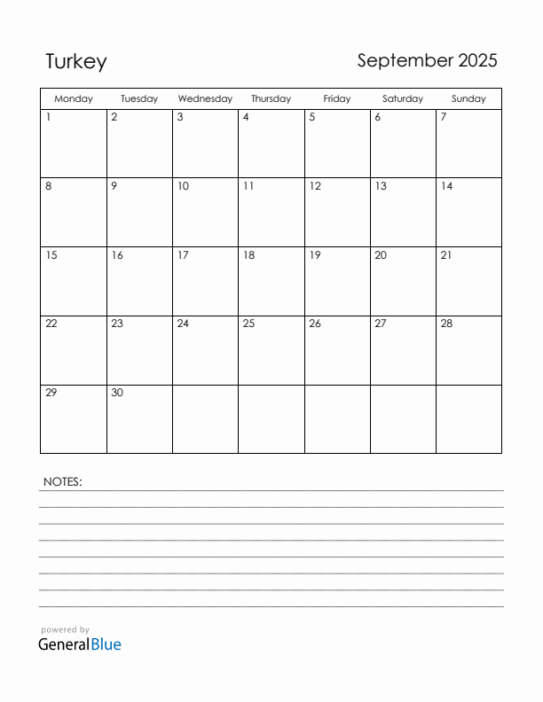 September 2025 Turkey Calendar with Holidays (Monday Start)