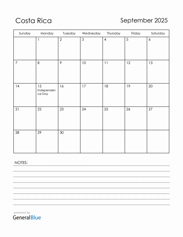 September 2025 Costa Rica Calendar with Holidays (Sunday Start)