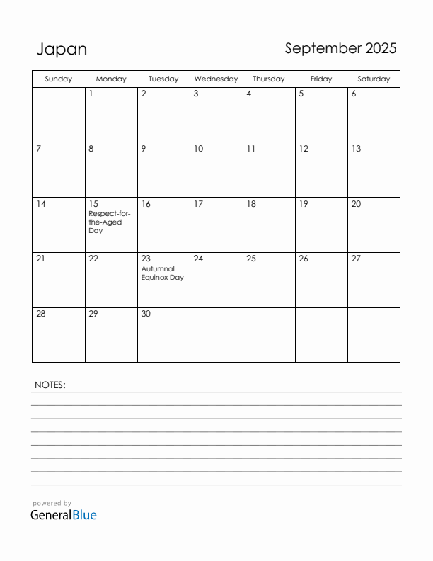 September 2025 Japan Calendar with Holidays (Sunday Start)