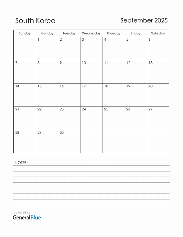 September 2025 South Korea Calendar with Holidays (Sunday Start)