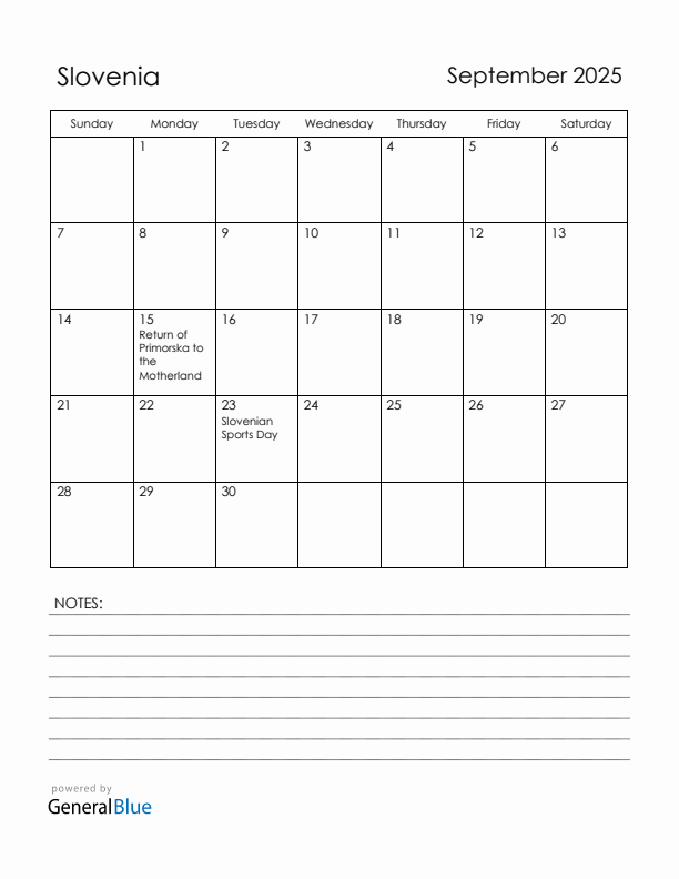 September 2025 Slovenia Calendar with Holidays (Sunday Start)