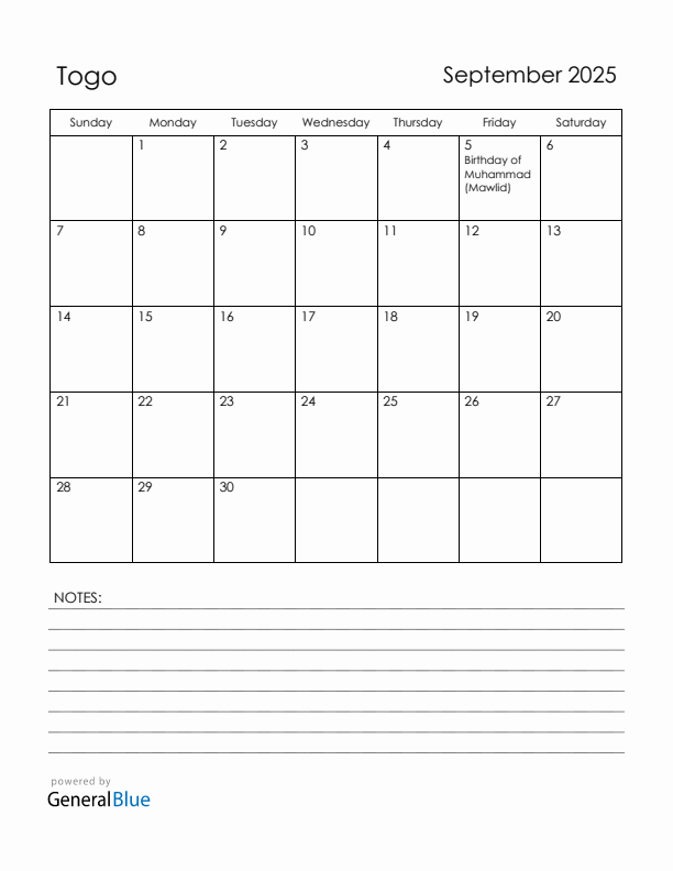 September 2025 Togo Calendar with Holidays (Sunday Start)