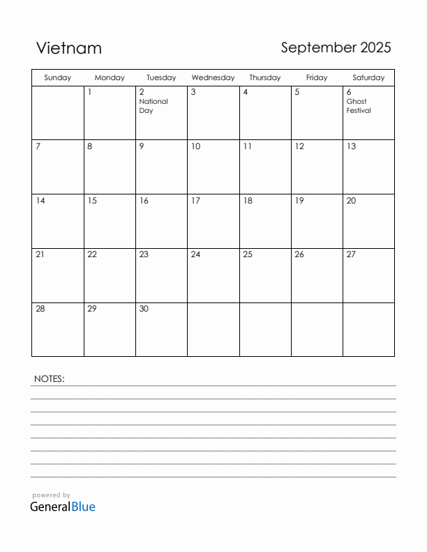 September 2025 Vietnam Calendar with Holidays (Sunday Start)