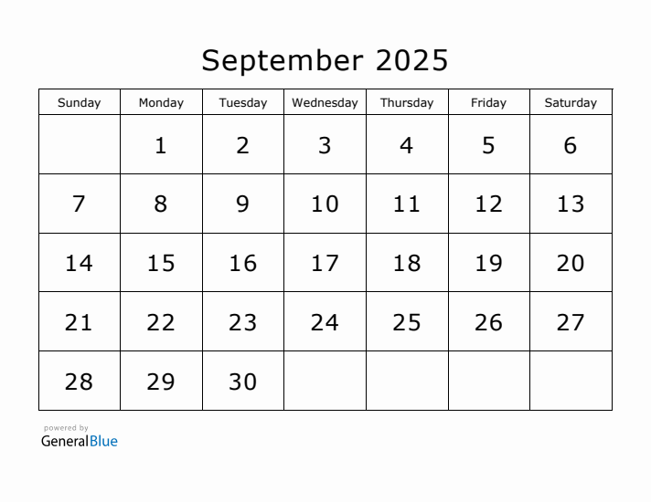 Printable September 2025 Calendar - Sunday Start