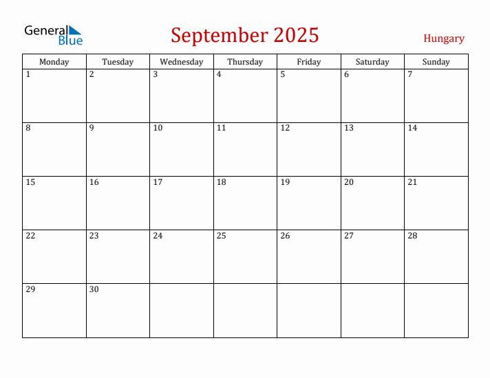 Hungary September 2025 Calendar - Monday Start