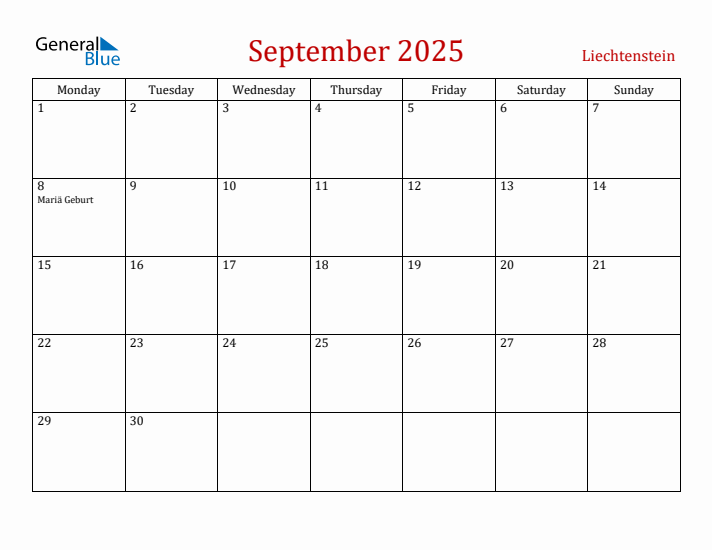 Liechtenstein September 2025 Calendar - Monday Start