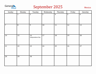Current month calendar with Mexico holidays for September 2025