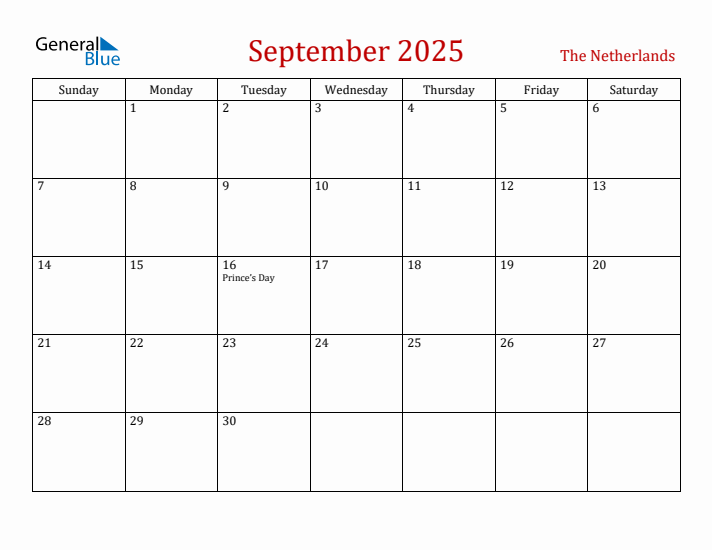 The Netherlands September 2025 Calendar - Sunday Start