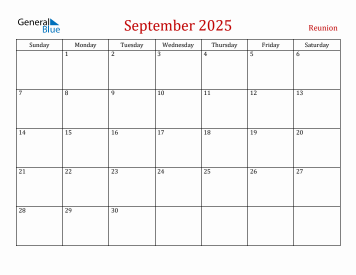 Reunion September 2025 Calendar - Sunday Start