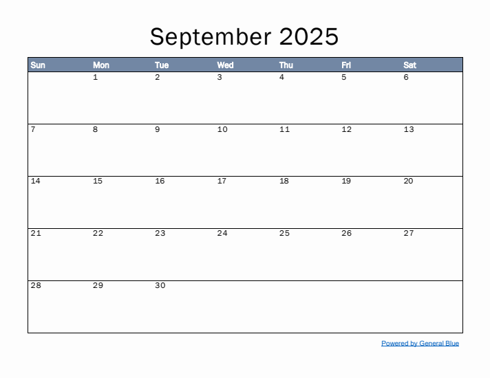 September 2025 Simple Month Calendar Template