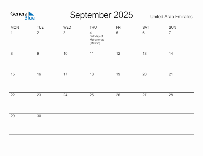 Printable September 2025 Calendar for United Arab Emirates