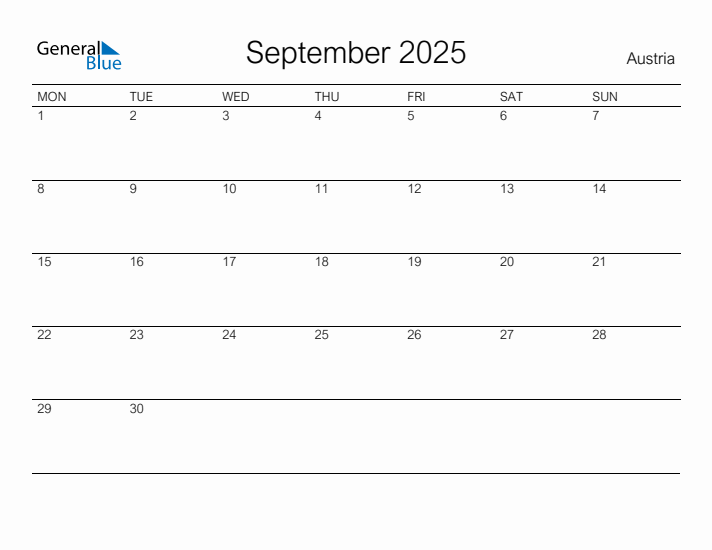 Printable September 2025 Calendar for Austria