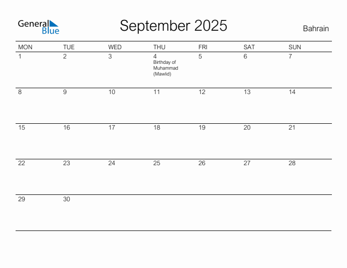 Printable September 2025 Calendar for Bahrain