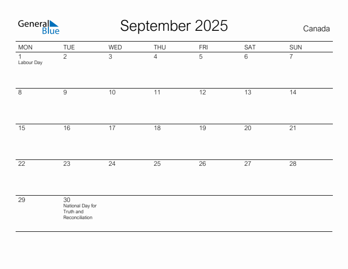 Printable September 2025 Calendar for Canada