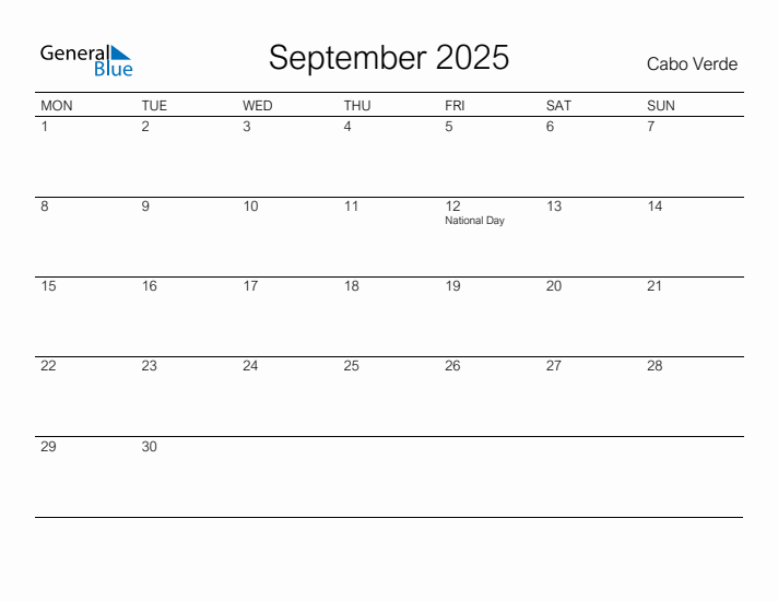 Printable September 2025 Calendar for Cabo Verde