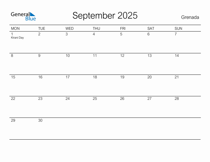 Printable September 2025 Calendar for Grenada