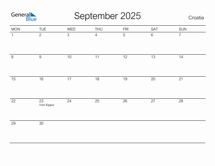 Printable September 2025 Calendar for Croatia