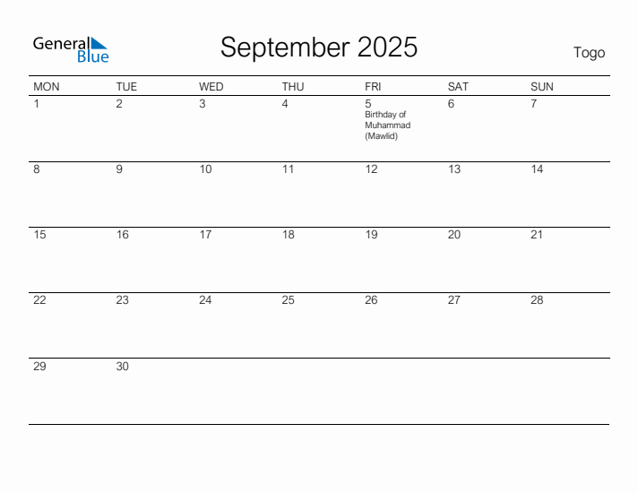 Printable September 2025 Calendar for Togo