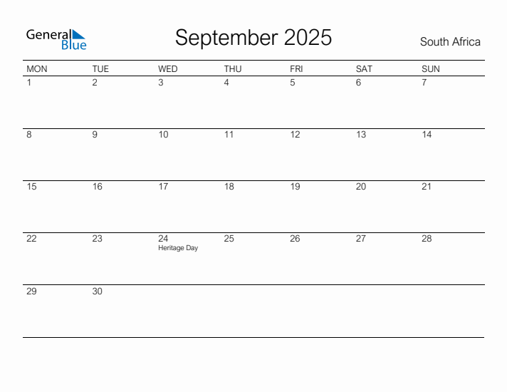 Printable September 2025 Calendar for South Africa