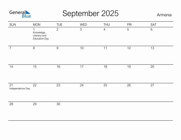 Printable September 2025 Calendar for Armenia