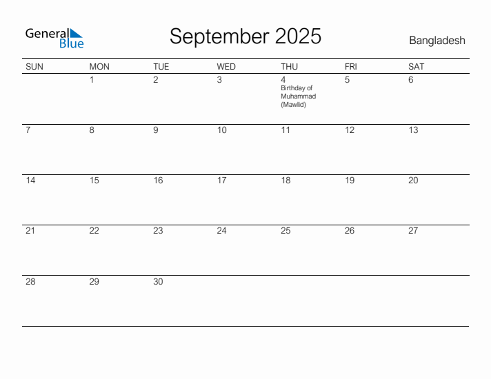 Printable September 2025 Calendar for Bangladesh