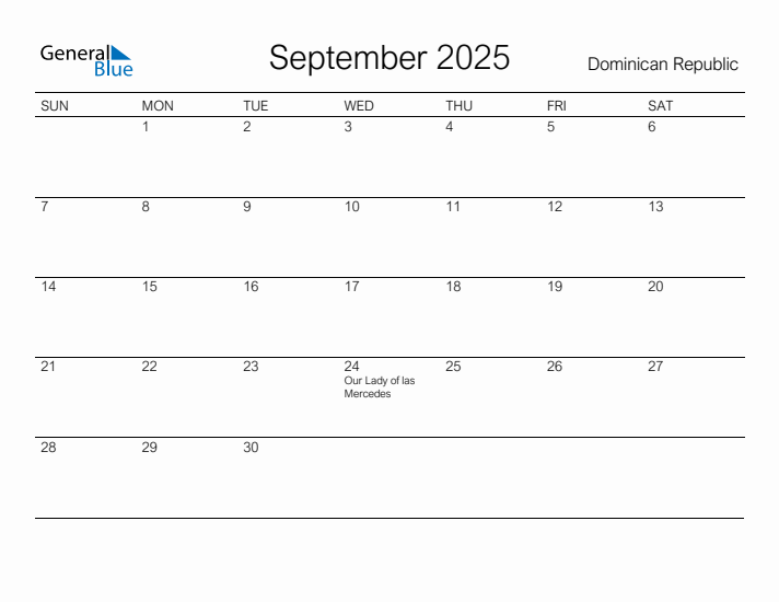 Printable September 2025 Calendar for Dominican Republic