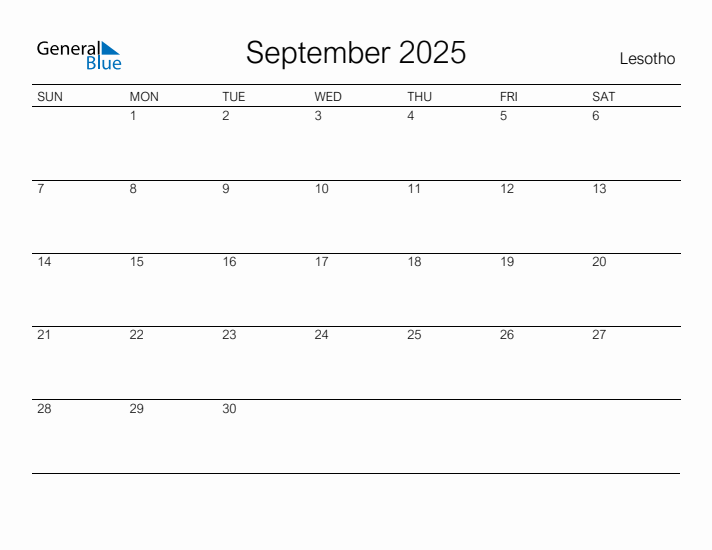 Printable September 2025 Calendar for Lesotho