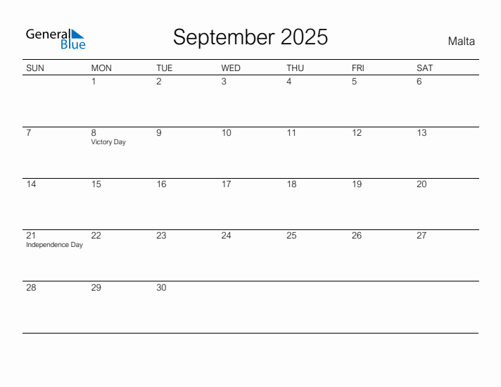 Printable September 2025 Calendar for Malta