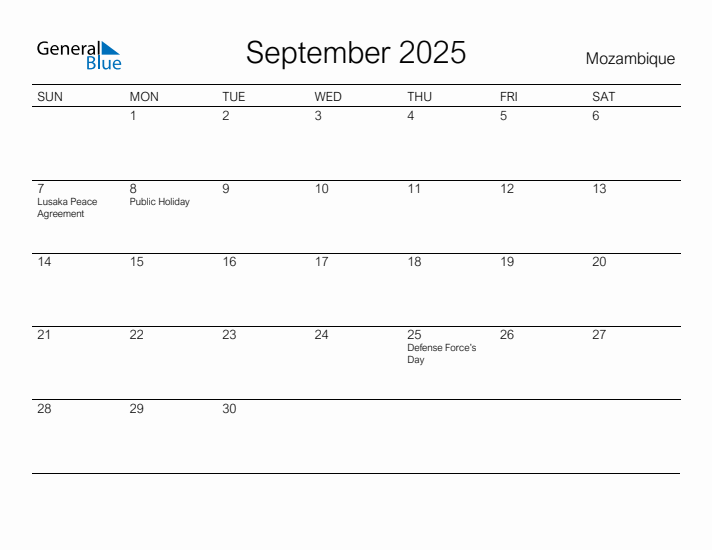 Printable September 2025 Calendar for Mozambique