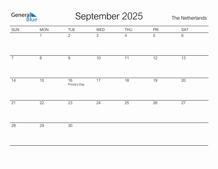 Printable September 2025 Calendar for The Netherlands