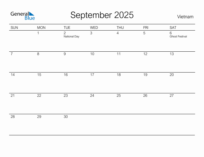 Printable September 2025 Calendar for Vietnam