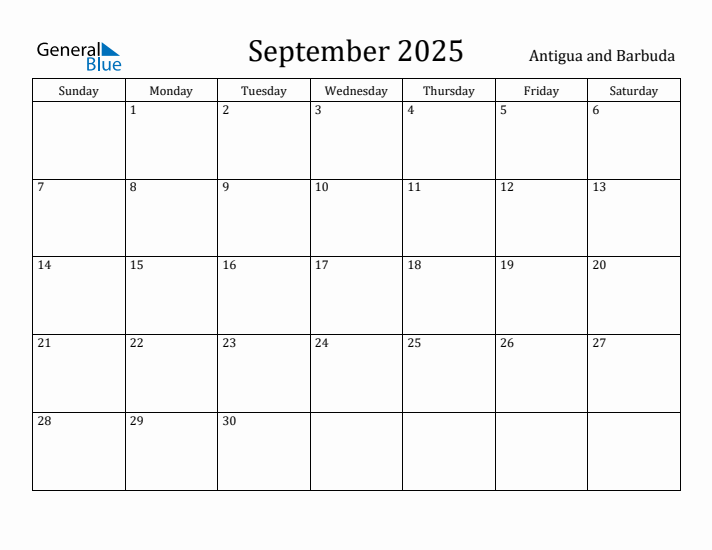 September 2025 Calendar Antigua and Barbuda