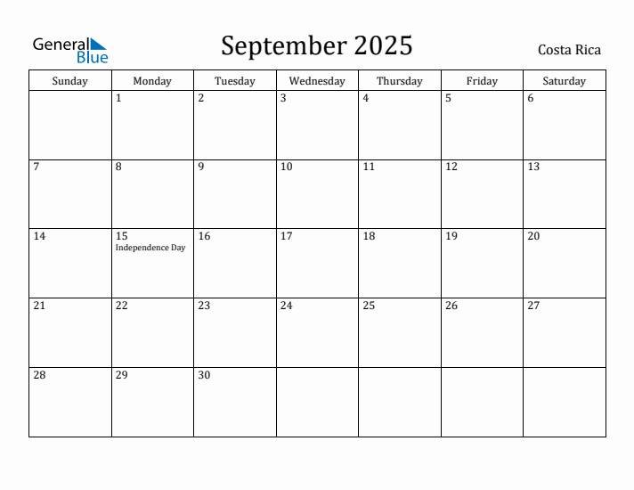 September 2025 Calendar Costa Rica