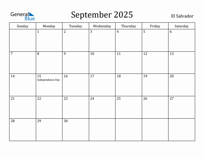 September 2025 Calendar El Salvador