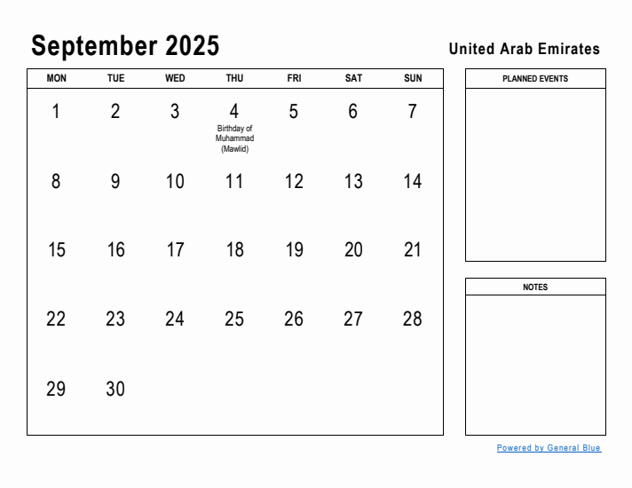 September 2025 Printable Monthly Calendar with United Arab Emirates Holidays