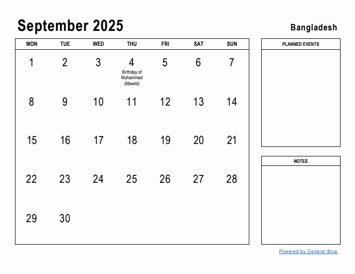 September 2025 Printable Monthly Calendar with Bangladesh Holidays