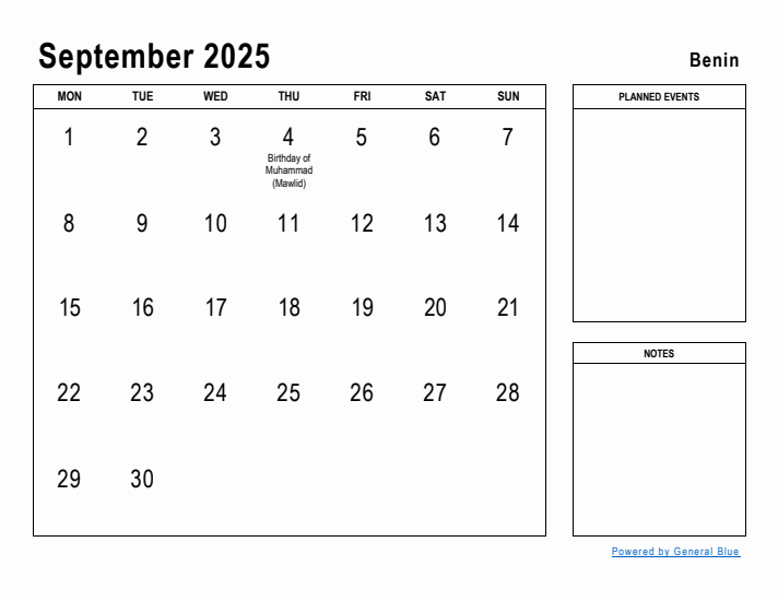 September 2025 Printable Monthly Calendar with Benin Holidays