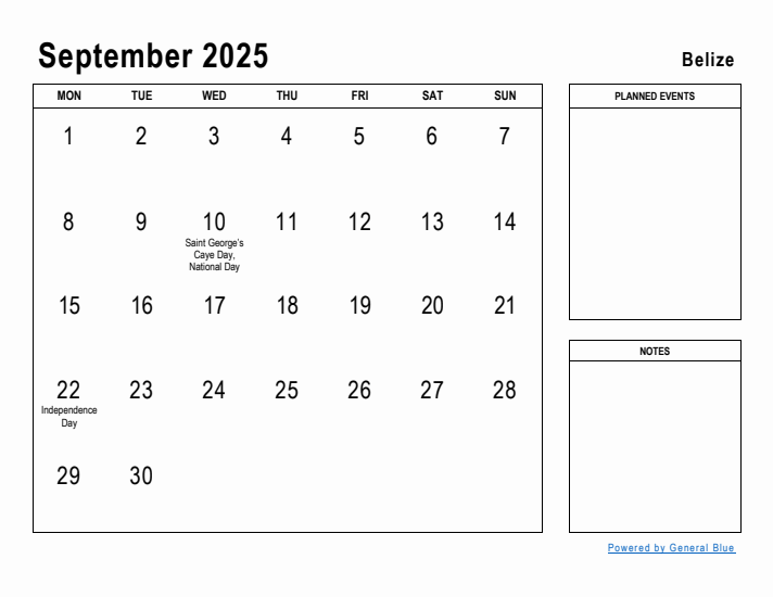 September 2025 Printable Monthly Calendar with Belize Holidays