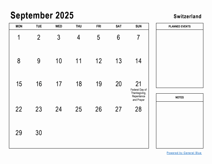 September 2025 Printable Monthly Calendar with Switzerland Holidays