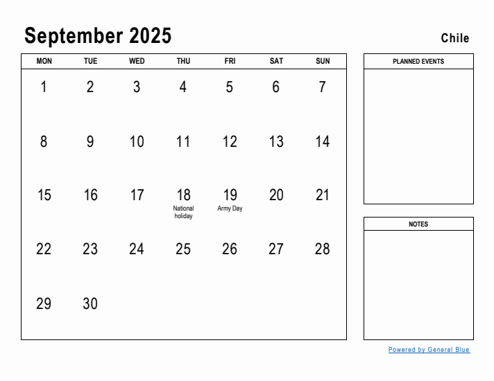 September 2025 Printable Monthly Calendar with Chile Holidays