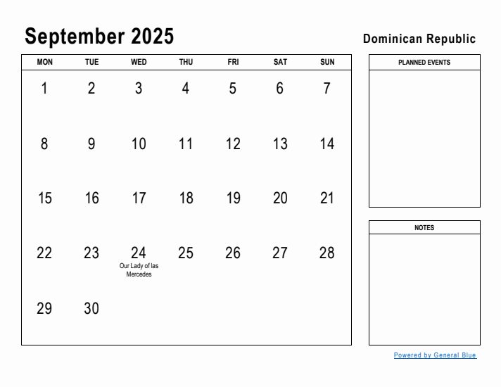 September 2025 Printable Monthly Calendar with Dominican Republic Holidays