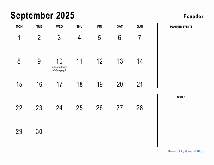 September 2025 Printable Monthly Calendar with Ecuador Holidays