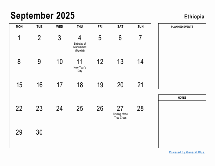 September 2025 Printable Monthly Calendar with Ethiopia Holidays