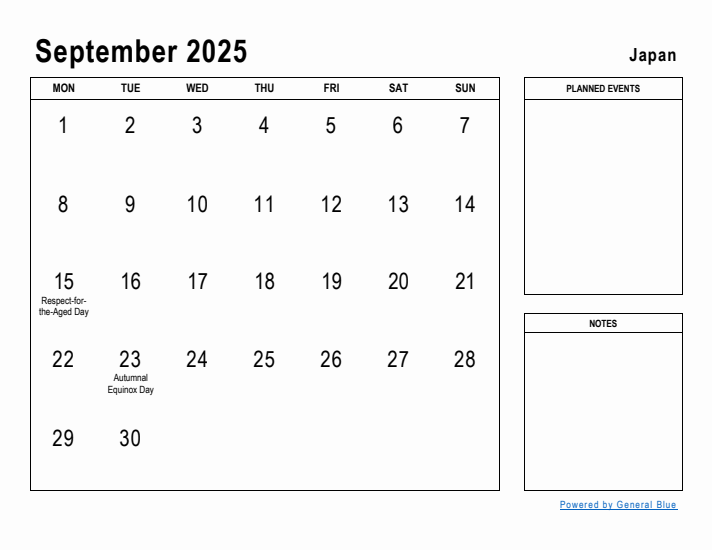 September 2025 Printable Monthly Calendar with Japan Holidays